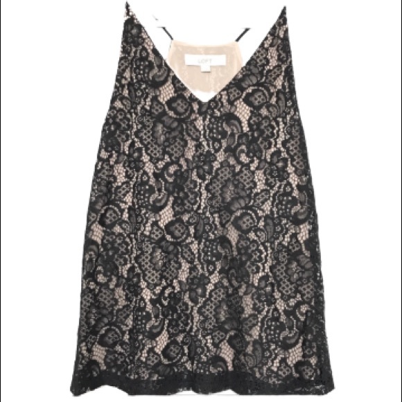 NWT LOFT Black Lace Overlay Nude Racerback Tank XS - Picture 2 of 9